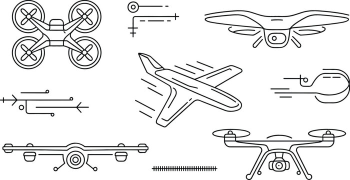 Unmanned aerial drone technology vector set with quadcopter aircraft helicopter propeller camera and remote aviation icons