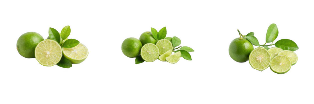 Fresh green limes with leaves sliced compositions isolated on white background, organic citrus fruit explosion layout, cutout transparent PNG asset for design project.