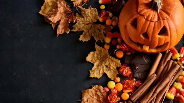 Halloween flat lay with carved pumpkin, autumn leaves, candies, and cinnamon sticks on a dark matte background with copy space