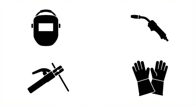 Solid black minimalist welding vector icons: a welding helmet, MIG gun, electrode holder, and heavy-duty work gloves. Clean flat silhouette illustration.