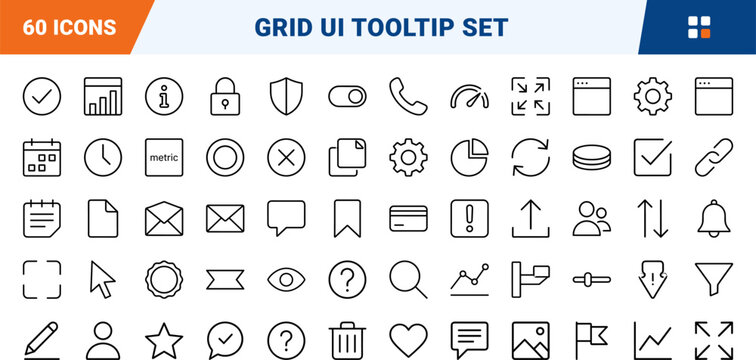 Cell tooltip line icon set. Vector pictograms of data, table, grid, and interactive elements, thin linear illustration.