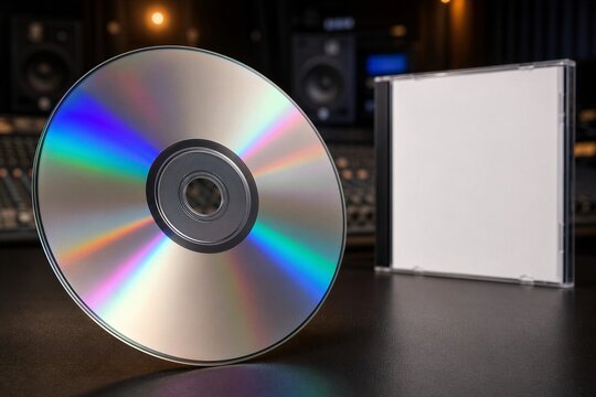 CD and empty case with music production equipment in studio