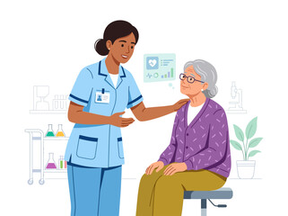 Fototapeta premium Caring Nurse Interacts With Elderly Patient Discussing Health Progress