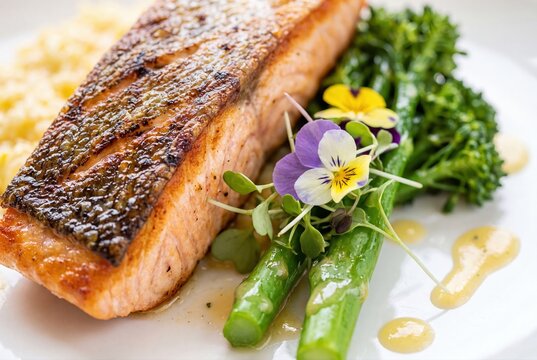 Grilled salmon fillet with broccolini and edible flowers gourmet dish