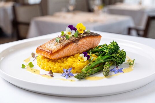 Grilled salmon fillet with saffron risotto and broccolini upscale dine