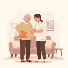 Fototapeta premium Caring Nurse Assists Elderly Woman With Pain Relief