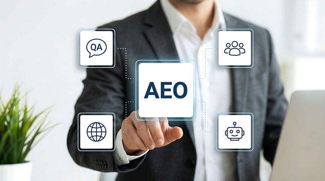 Businessman pointing at AEO Answer Engine Optimization icon for search marketing