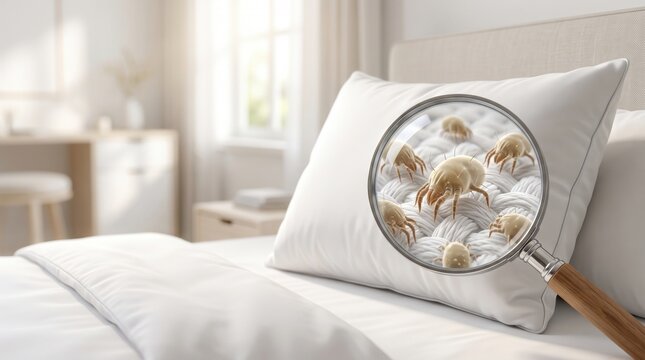 Magnifying glass revealing dust mites inside a bedroom pillow. Concept of hidden allergens, bedding hygiene, indoor air quality, allergy prevention and healthy sleep