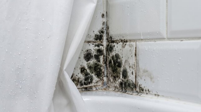 Black mold growing on bathroom tiles behind a shower curtain caused by moisture and poor ventilation. Household mold problem, humidity and indoor air quality concept