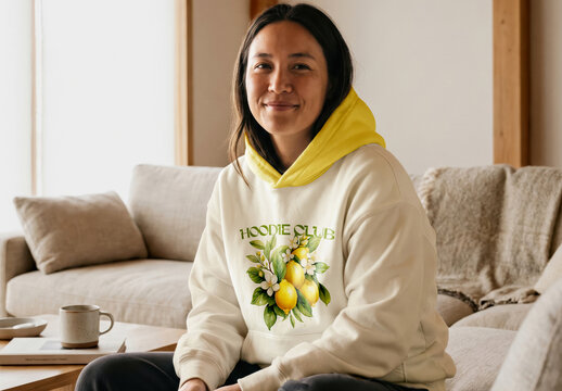 Hoodie Mockup on Model in Living Room