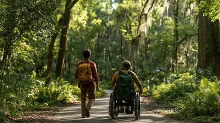 Fototapeta premium Person in Wheelchair Exploring Accessible Nature Trail Surrounded by Lush Greenery and Tall Trees