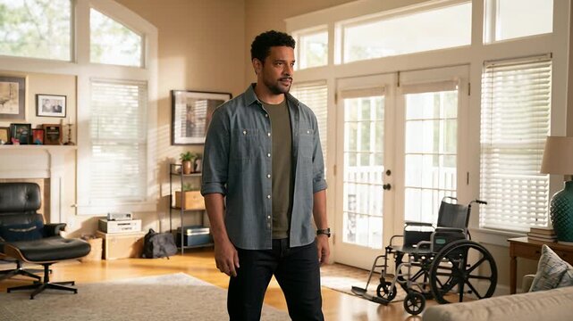 Taking small step forward man turning head and checking wheelchair in living room, wearing denim