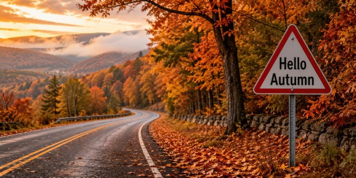 Hello Autumn road sign beside a scenic winding road surrounded by vibrant fall foliage