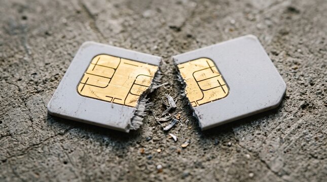 Two Broken Cracked SIM Cards on Rough Surface &ndash; Mobile Network, Telecommunication Failure, Damaged Technology and Communication Concept