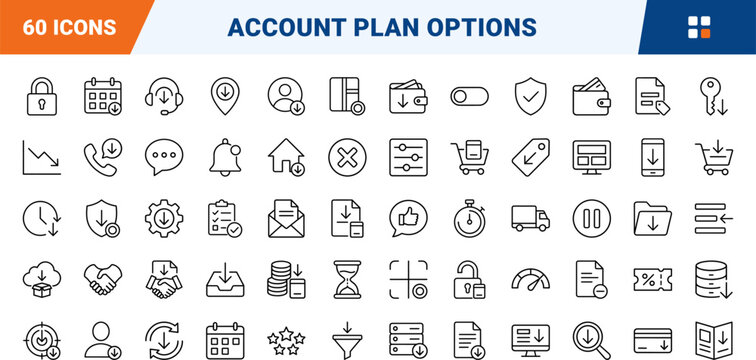 Downgrade Plan Icons line icon set. Vector pictograms of subscription, account, payment, and interface elements, thin linear illustration.