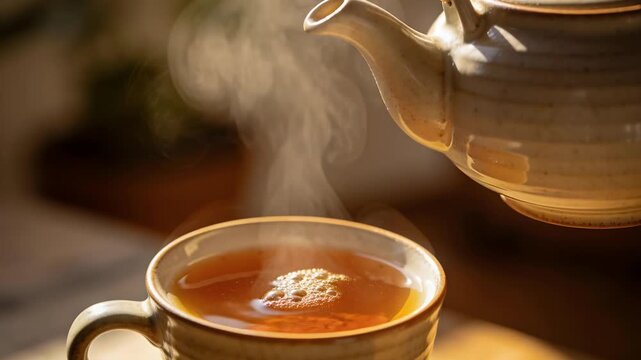 Pouring bare hand gripping wrapped-handle teapot filling ceramic cup on tabletop, rising steam