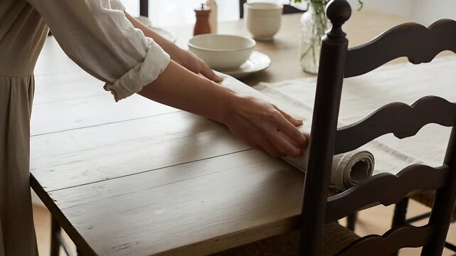 Grasping rolled runner, woman in light blouse pulling and smoothing at home table preparing meal