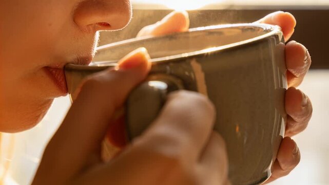 Cradling woman lifting ceramic mug to lips at window, steam rising, sipping to warm hands