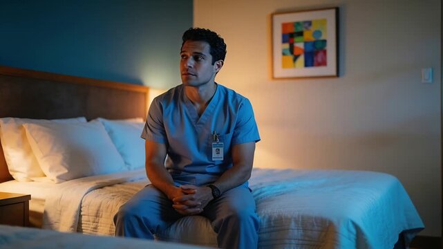 Sitting man in blue scrubs shifting gaze while holding smartphone on bed edge, ID badge visible