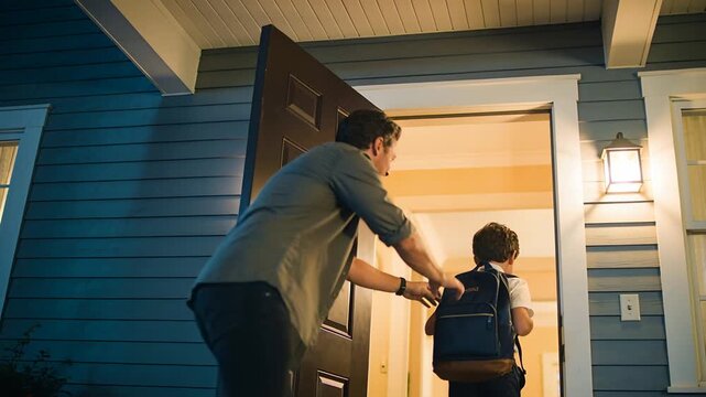 Adjusting father steadying backpack straps at open doorway, preparing student in tie for school