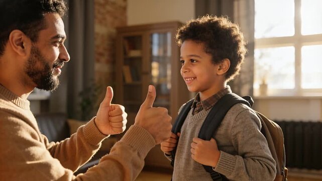 Giving double thumbs-up father in tan sweater encouraging son adjusting brown backpack for school