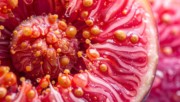 Extreme macro close up of a sliced open ripe fig showing detailed red pulp and golden seeds. Beautiful abstract organic fruit texture background, ideal for exotic culinary concepts and cosmetics.