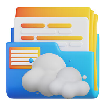 A 3D illustration of a blue folder containing stacked documents with orange and white lines accompanied by two fluffy white clouds and small blue dots symbolizing cloud storage