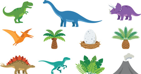 Prehistoric Dinosaur Cartoon Vector Icon Set with Tyrannosaurus Brachiosaurus Triceratops Pterodactyl Stegosaurus Raptor Egg Palm Tree and Erupting Volcano for Kids Educational Designs © Ismail
