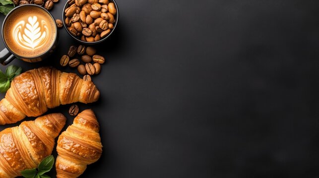 Fresh croissants, latte coffee and roasted coffee beans arranged on a black background with generous copy space. Cozy breakfast and caf&eacute; menu concept