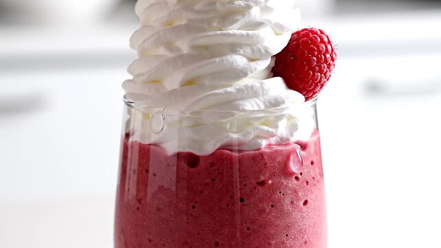 Fresh raspberry smoothie with whipped cream. Berry milkshake in a glass with garnish.