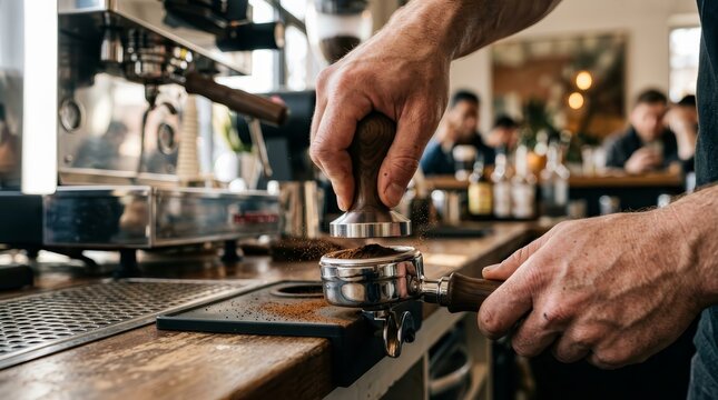 Barista hands tamping coffee grounds in a portafilter with a wooden tamper at a cafe bar.