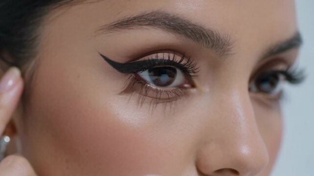 Revealing woman lifting right eye in studio, framing winged eyeliner with sheer veil and rings