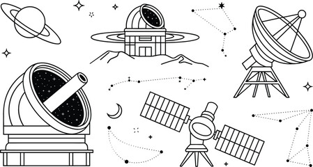 Space observatory astronomy line icon set featuring telescopes satellite radar dish planets constellations and cosmic research elements © Sarmin
