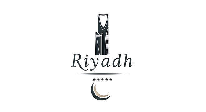 Riyadh skyline illustration featuring iconic buildings and crescent moon on transparent background