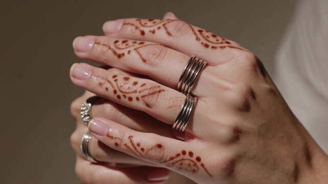 Moving woman's hands after camera starting, showing henna pattern and stacked silver rings at home