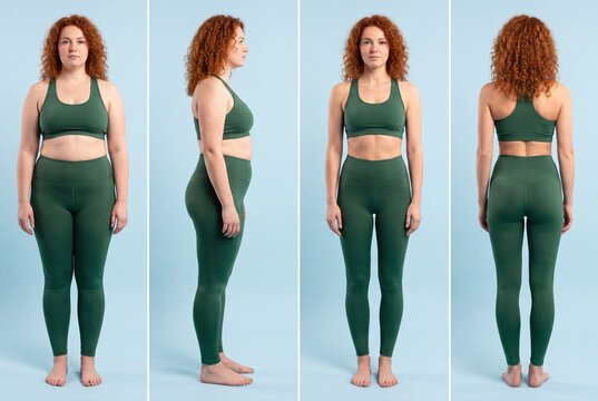 Redhead woman weight loss transformation body comparison studio shot
