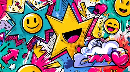 Obraz premium Vibrant Pop Art Background with Oversized Comic Symbols and Expressions in Bright Colors