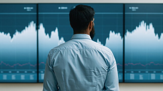 Focused Hedge Fund Manager Analyzing Stock Trends with Intense Concentration in Sleek Office Environment, Exuding Determination and Strategic Insight