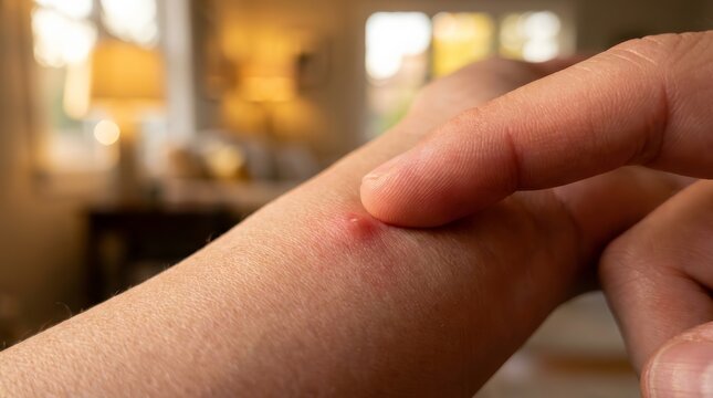 A person's fingertip probing small red papules on an adult forearm at home.