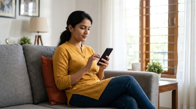 Young woman in mustard kurta and jeans using smartphone on gray sofa.