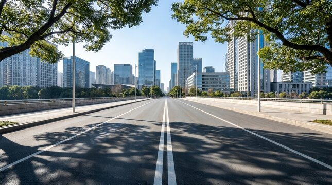 Empty two-lane city boulevard stretching toward the horizon with center markings.