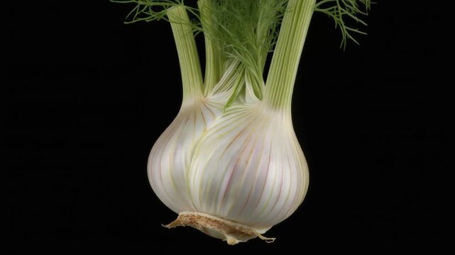 Fresh fennel bulb with green stalks. Organic vegetable isolated on black background.