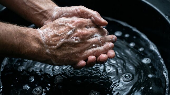 Adult hands washing with white soap lather in a dark basin.