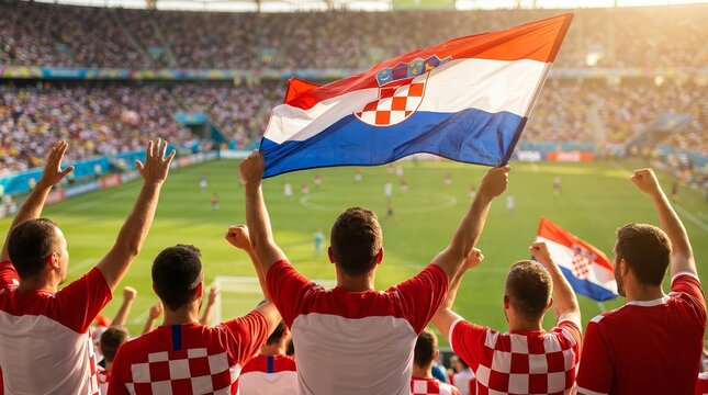 Passionate Croatian fans cheering in stadium stands while waving national flags.