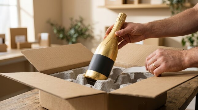 Adult hands placing a gold foil bottle into a cardboard box with pulp inserts.