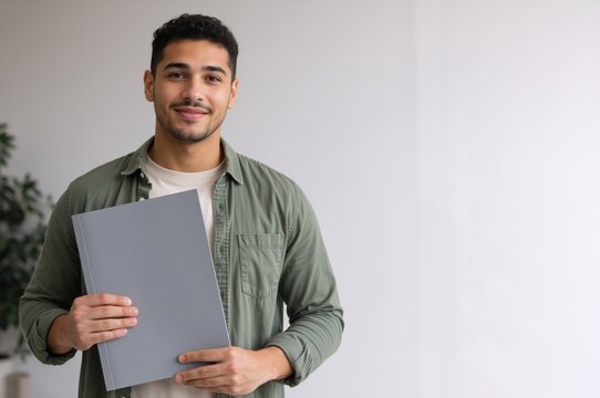 Smiling young man holding a grey folder. Portrait of a happy male student or creative professional standing against a light background