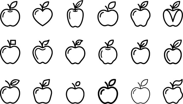 Apple Outline Icon Set with Leaf, Stem and Creative Fruit Shape Variations
