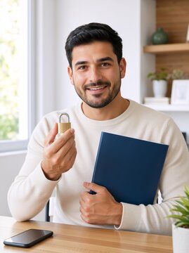 Smiling man holding padlock and blue folder at desk. Data security and privacy protection concept. Confident male professional in home office