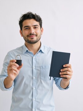 Smiling young man holding a padlock and a notebook on a white background. Male person demonstrating privacy and data security concept
