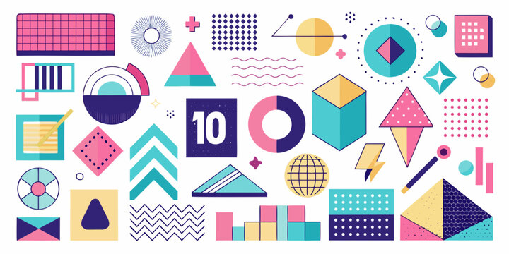 Set of 100 geometric shapes. Memphis design, retro elements for web, vintage, advertisement, commercial banner, poster, leaflet, billboard, sale. Collection trendy halftone vector geometric shapes. ic